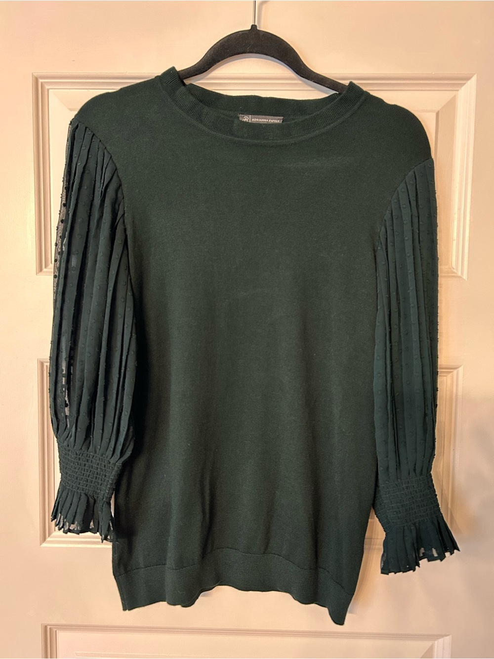 Adrianna Papell Women's Dark Green Pullover Sweater with Pleated Sleeve Detail